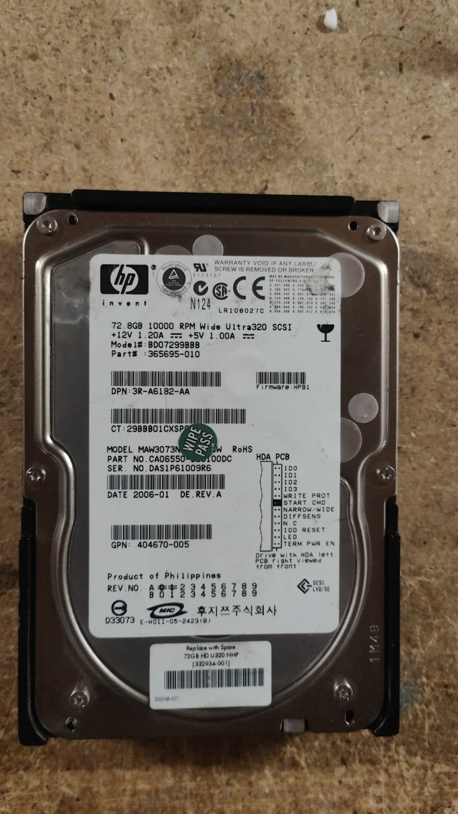 HP 72.8GB 10000RPM Ultra-320 SCSI 68-Pin LVD 3.5-inch Internal Hard Drive (NO CADDY) 2nd :365695-010: Alt (3R-A6182-AA) Other: 404670-005//