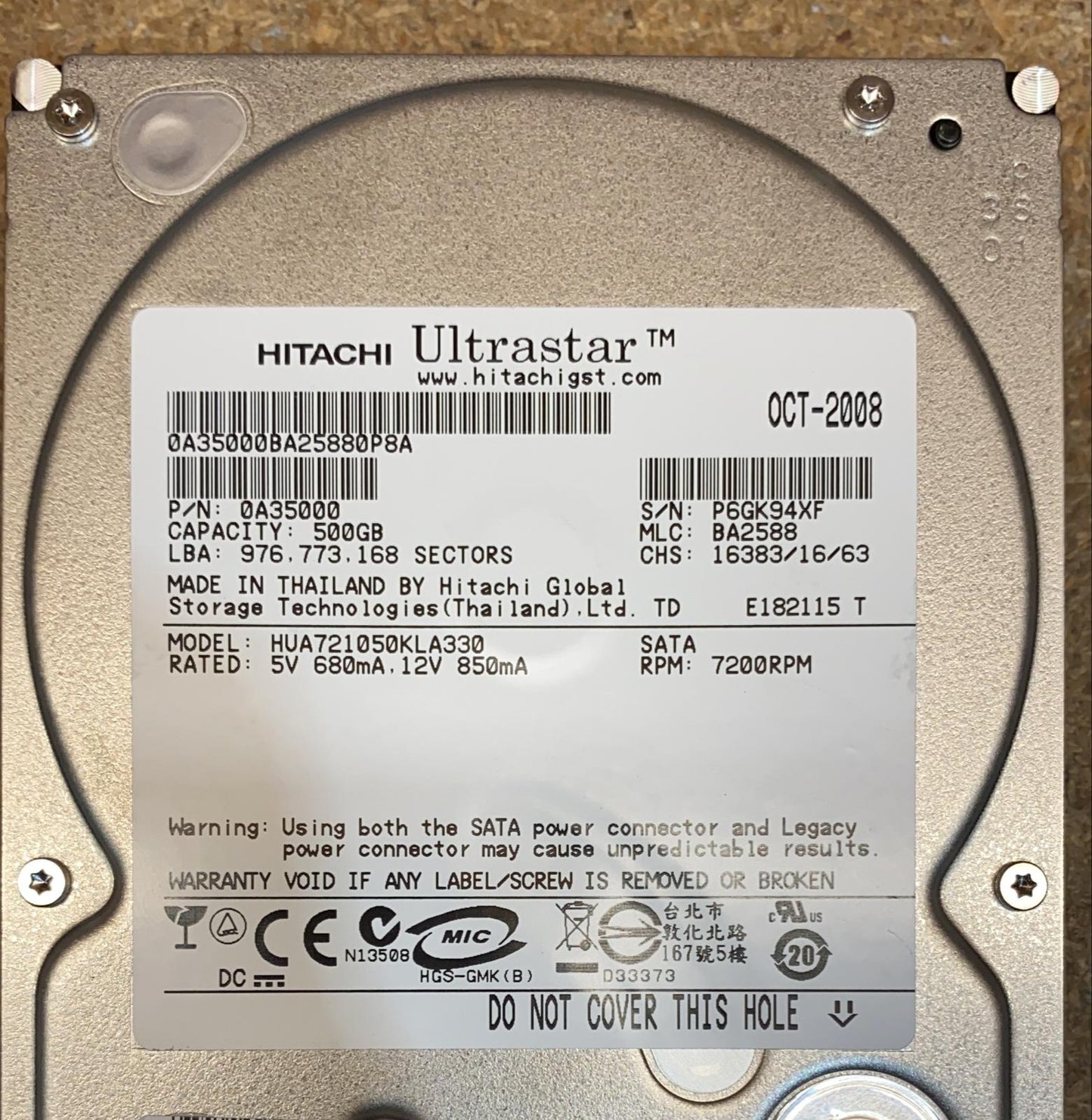 Hitachi HUA721050KLA330 500gb Sata 2.5 HDD PN:0A35000 2nd :HUA721050KLA330: Alt () Other //