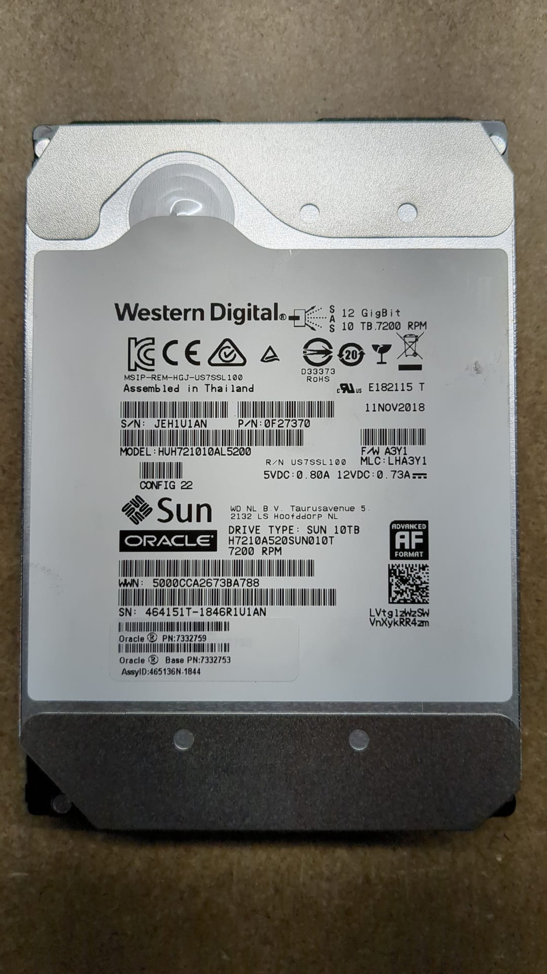 SUN 10TB 7.2k RPM 3.5" SAS 7332759 HUH7210AL5200 10.0TB HUH7210AL5200 2nd :: Alt () Other /465136N-1844 0F27370/