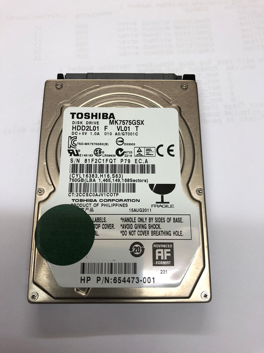 HP Toshiba SATA 750GB 2.5inch Hard Disk Drive PN:654473-001 2nd :654473-001: Alt () Other //